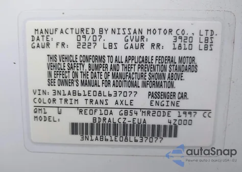 2008 Nissan Sentra 2.0 z USA, uszkodzony, nr VIN 3N1AB61E08L637077